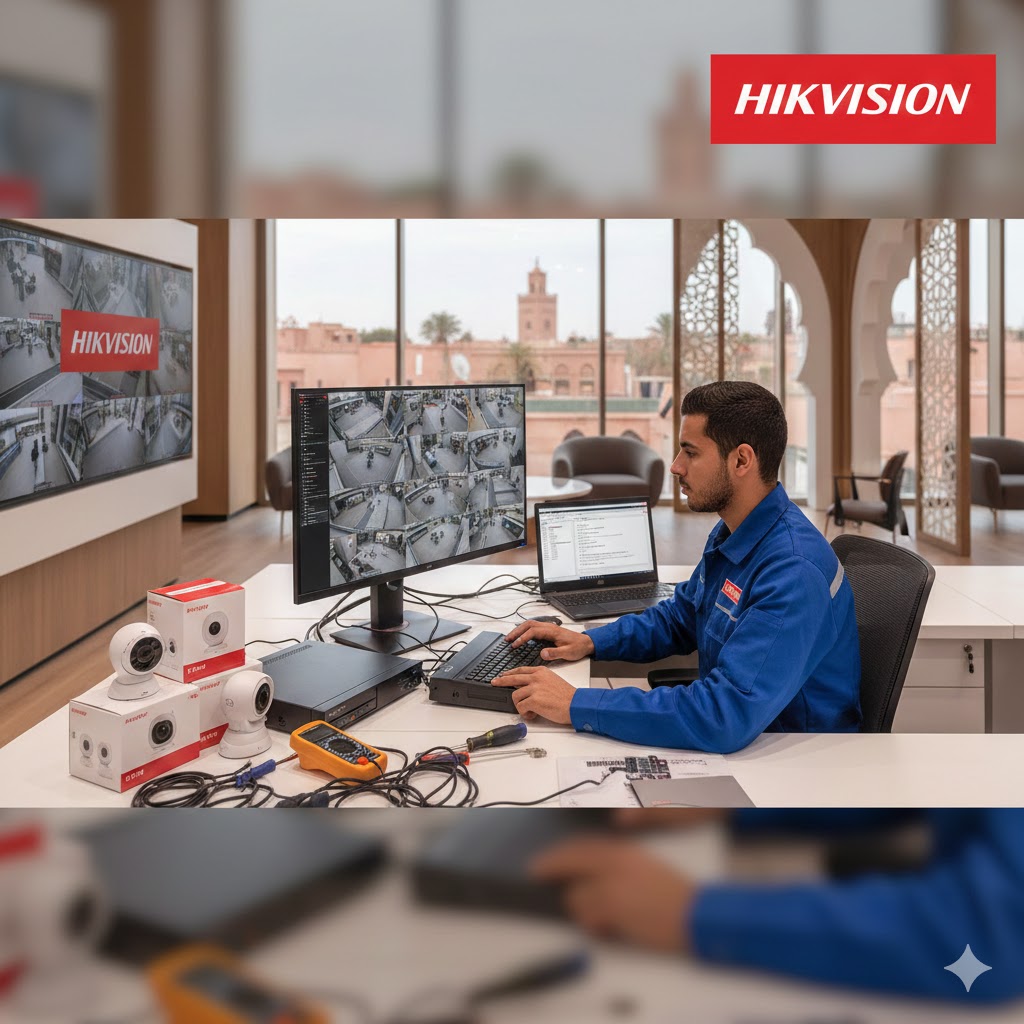 "Create a professional banner image showing a Moroccan technician in blue uniform working on a Hikvision surveillance system in a modern office in Marrakech. The technician is configuring a DVR monitor displaying multiple camera feeds. On the desk: Hikvision equipment, laptop, tools. Background: subtle Moroccan architecture elements. Include Hikvision logo. Color scheme: red (#E31E24), white, professional blue. Photorealistic style, wide format 1920x600px, high quality, professional lighting."